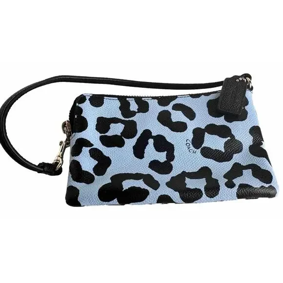 Coach Ocelot Print Grossgrain Leather Corner Zip Wristlet, Blue, Black, 41-15
